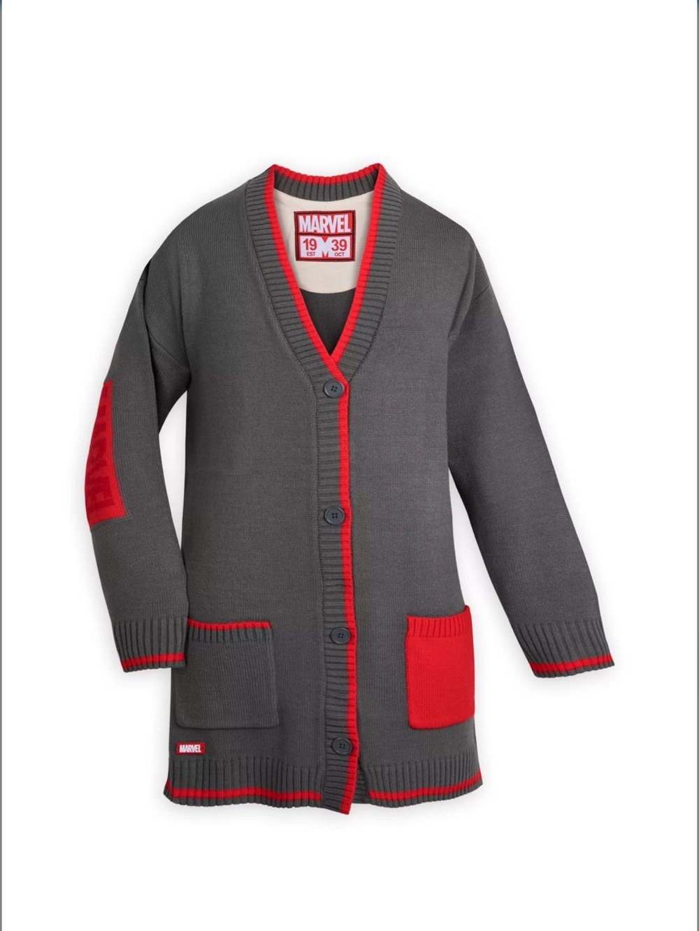 Marvel Disney Store Oversized Knit Cardigan Gray Red Button Front Sweater Small